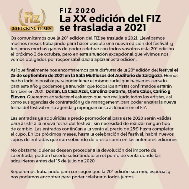 Comunicado aplazamiento FIZ 2020